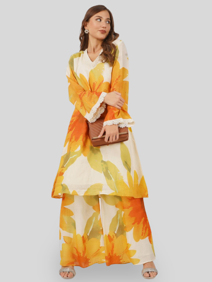 Mustard Linen Indo Western with Sequins and Pearl Embroidery 2