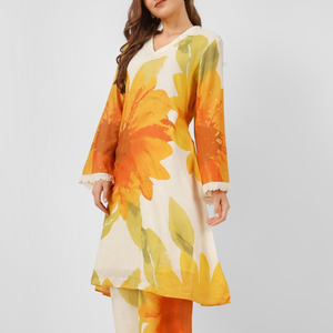 Mustard Linen Indo Western with Sequins and Pearl Embroidery 3