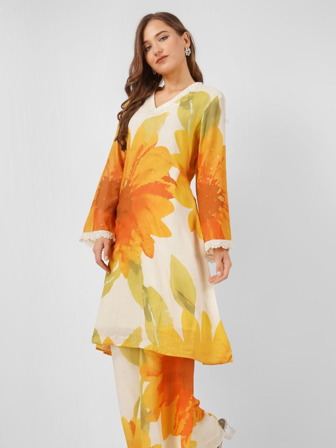 Mustard Linen Indo Western with Sequins and Pearl Embroidery 3