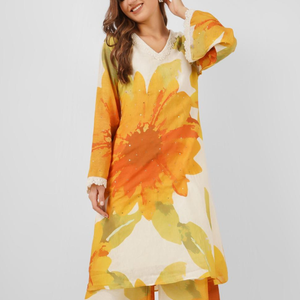 Mustard Linen Indo Western with Sequins and Pearl Embroidery 4