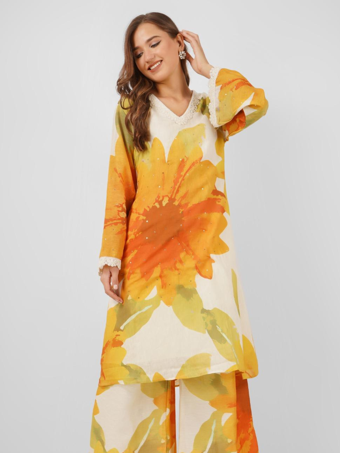 Mustard Linen Indo Western with Sequins and Pearl Embroidery 4
