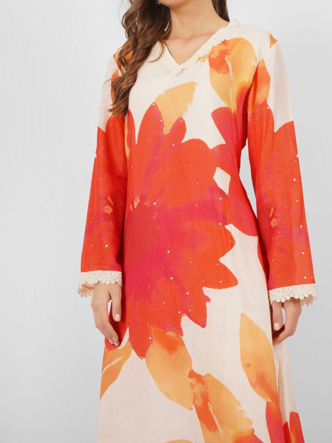 Red Linen Indo Western with Sequins and Pearl Embroidery 1
