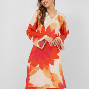 Red Linen Indo Western with Sequins and Pearl Embroidery 2