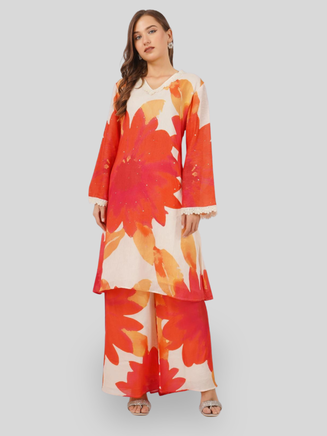 Red Linen Indo Western with Sequins and Pearl Embroidery 3