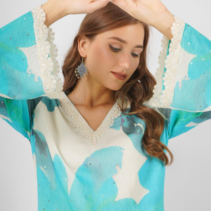 Turquoise Blue Linen Indo Western with Sequins and Pearl Embroidery 1