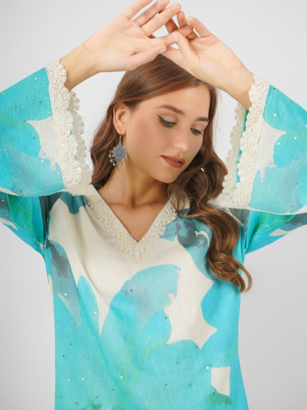 Turquoise Blue Linen Indo Western with Sequins and Pearl Embroidery 1