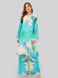 Turquoise Blue Linen Indo Western with Sequins and Pearl Embroidery