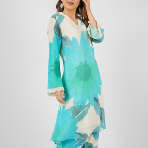 Turquoise Blue Linen Indo Western with Sequins and Pearl Embroidery 3