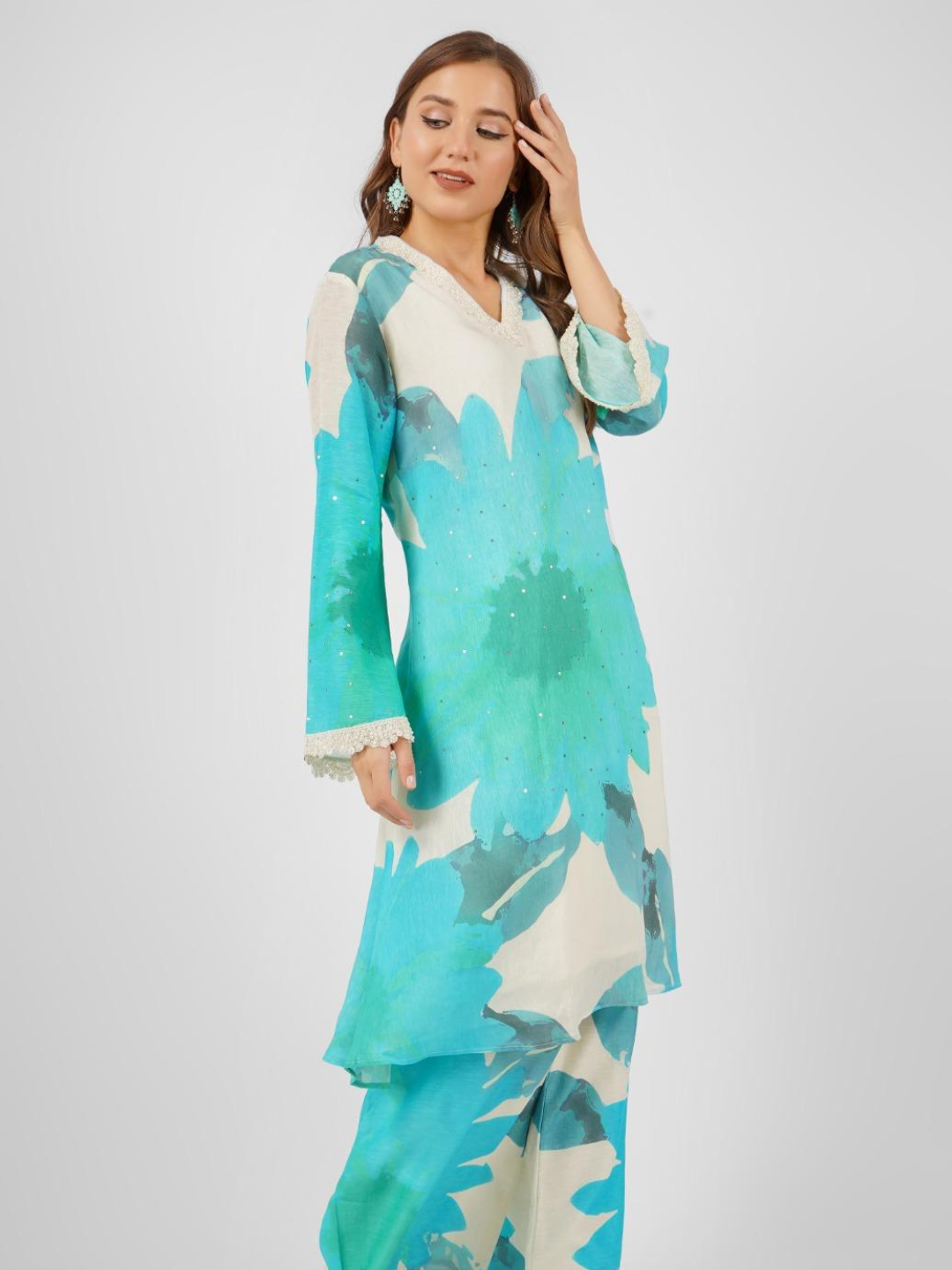 Turquoise Blue Linen Indo Western with Sequins and Pearl Embroidery 3