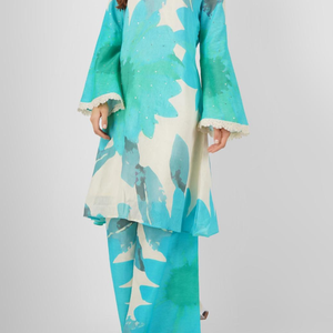 Turquoise Blue Linen Indo Western with Sequins and Pearl Embroidery 4