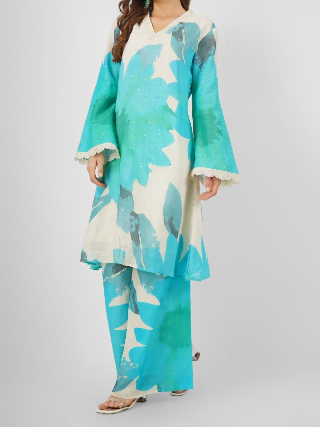 Turquoise Blue Linen Indo Western with Sequins and Pearl Embroidery 4