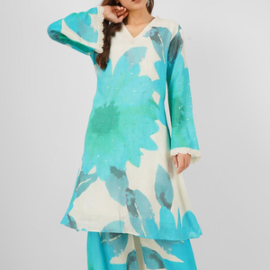 Turquoise Blue Linen Indo Western with Sequins and Pearl Embroidery 5