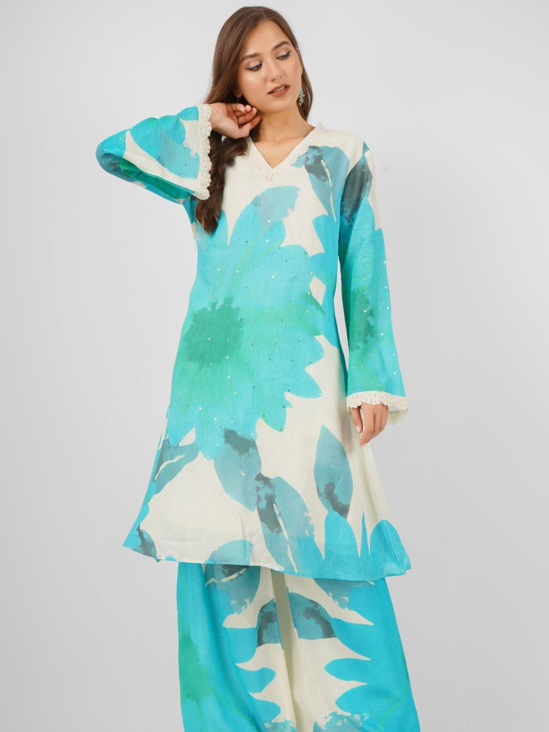 Turquoise Blue Linen Indo Western with Sequins and Pearl Embroidery 5