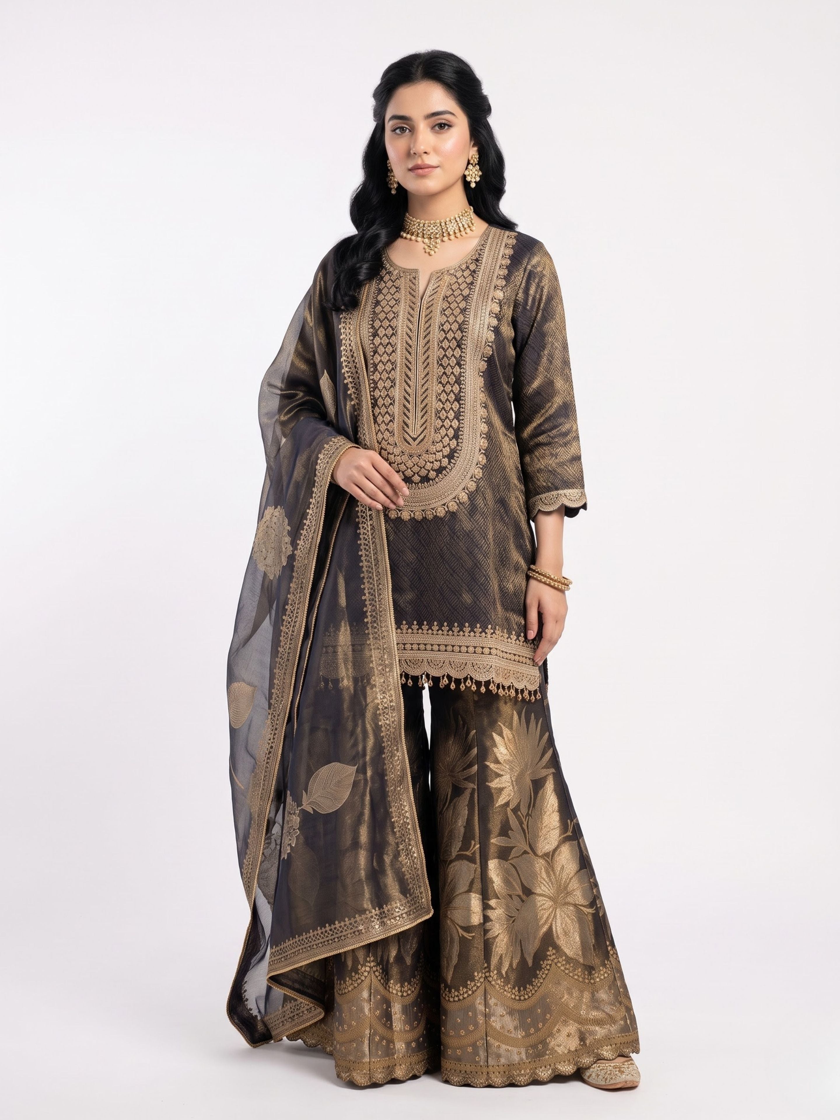 Black Tissue Indo Western with Cutdana, Zari and Sequins Embroidery 1