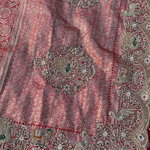 Red Rani Banarasi Satin Unstitched Saree Embellished With Zari, Moti, Sequins & Cutdana Work
