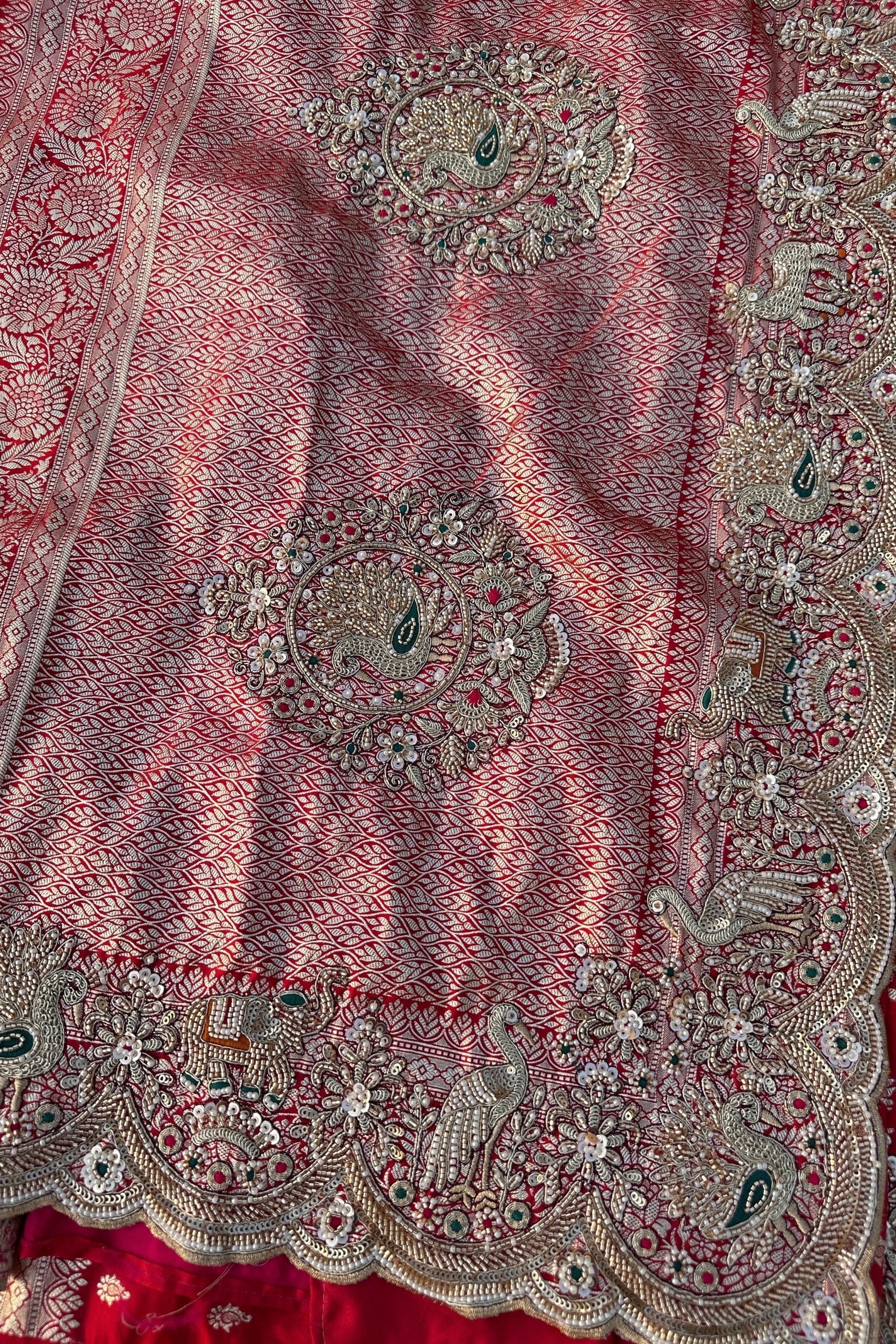 Red Rani Banarasi Satin Unstitched Saree Embellished With Zari, Moti, Sequins & Cutdana Work