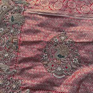 Red Rani Banarasi Satin Unstitched Saree Embellished With Zari, Moti, Sequins & Cutdana Work