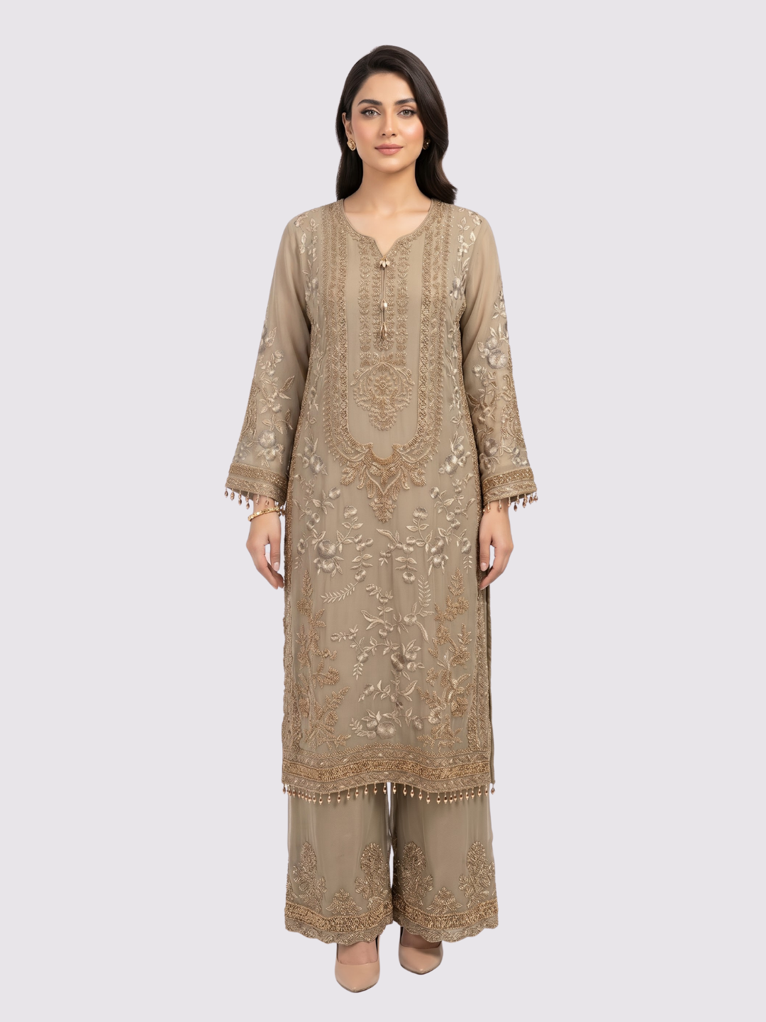 Brown Georgette Indo Western with Thread and Hand Work Embroidery 2