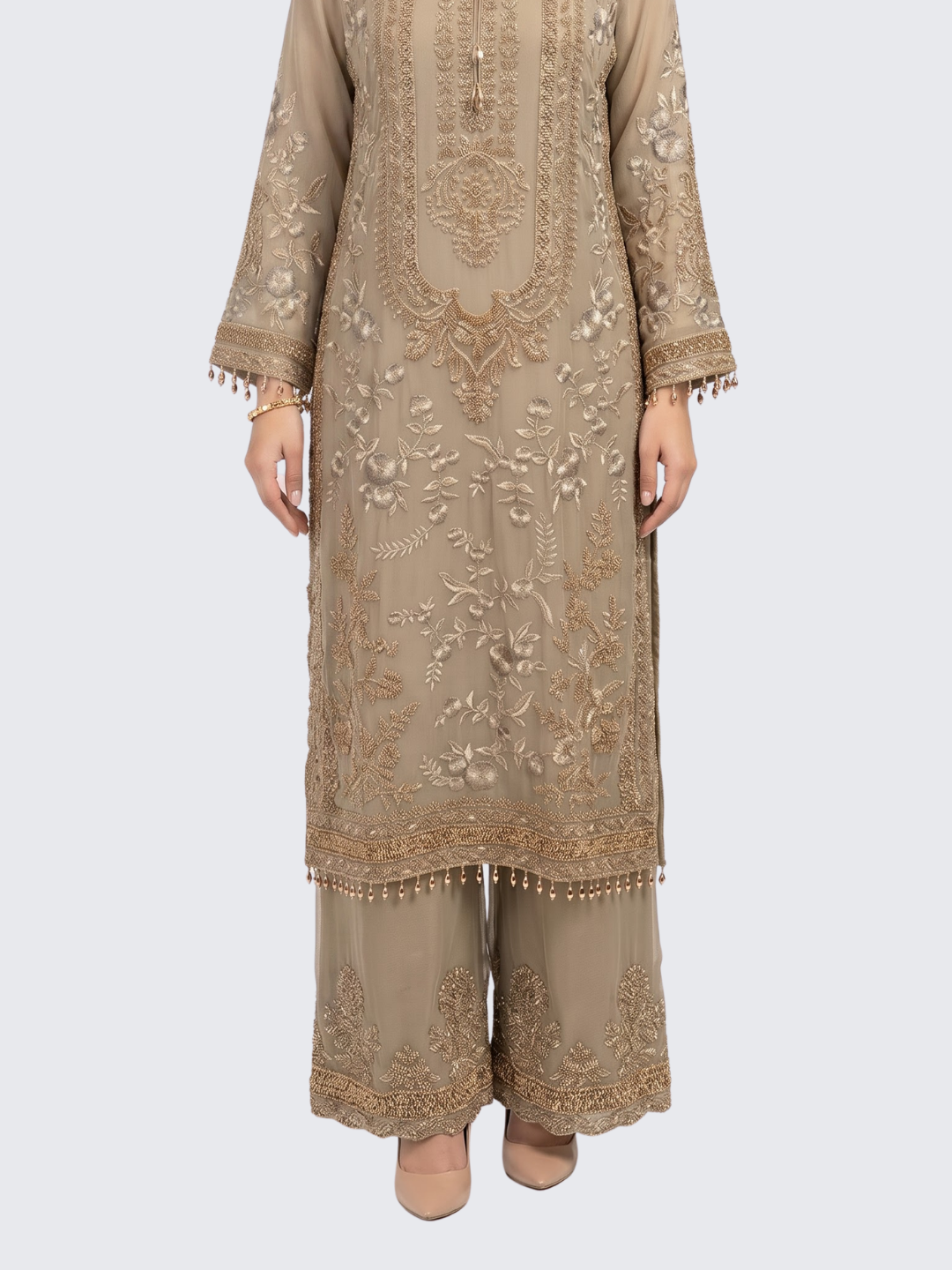 Brown Georgette Indo Western with Thread and Hand Work Embroidery 3
