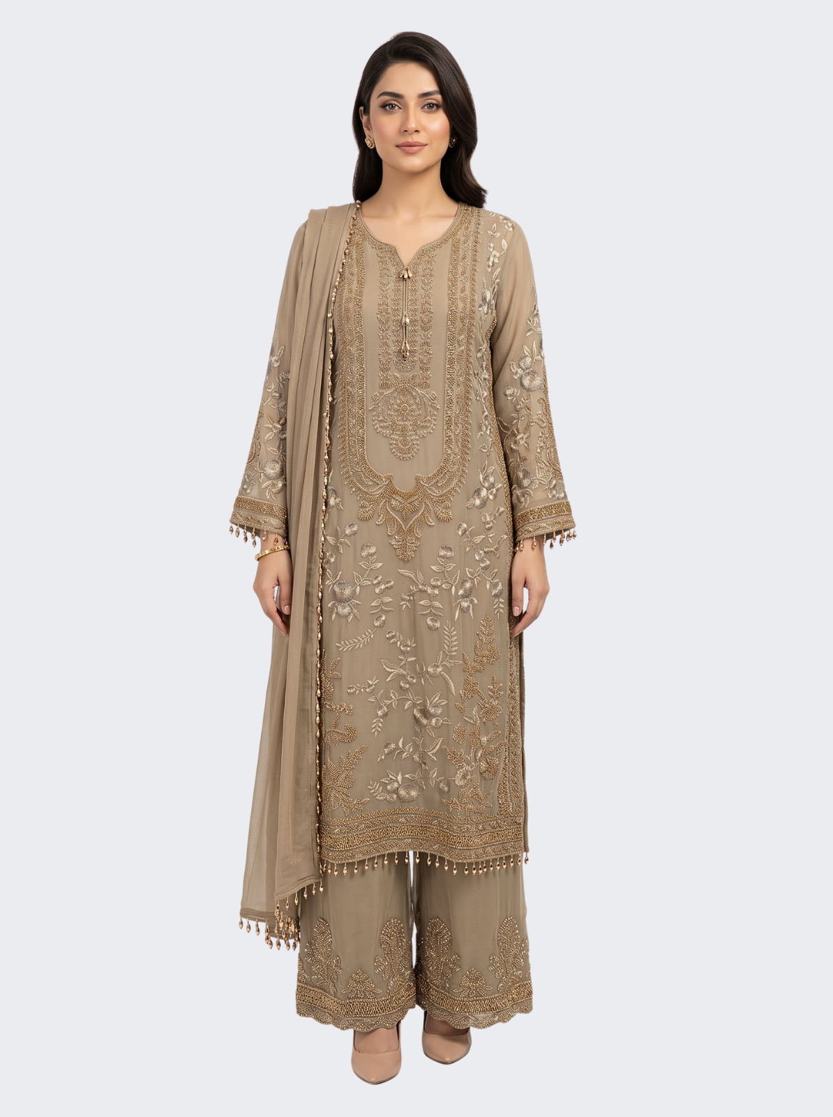 Brown Georgette Indo Western with Thread and Hand Work Embroidery 5