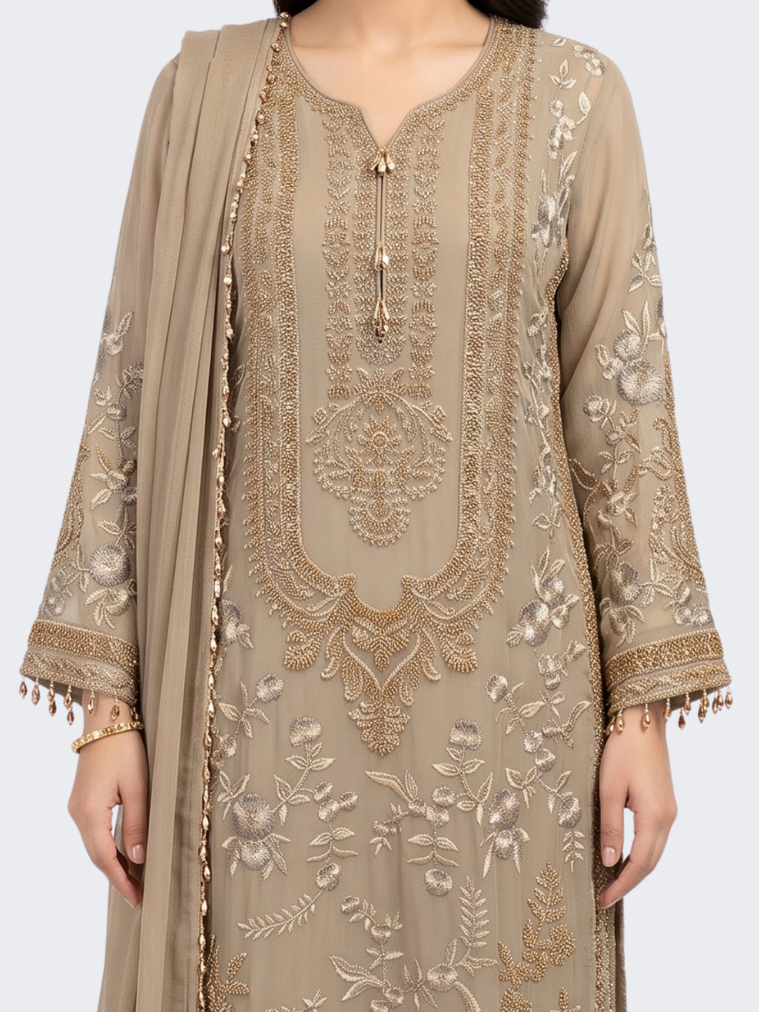 Brown Georgette Indo Western with Thread and Hand Work Embroidery 4