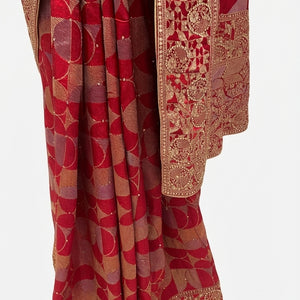 Red Banarasi Silk Unstitched Saree With Gold Stone Work
