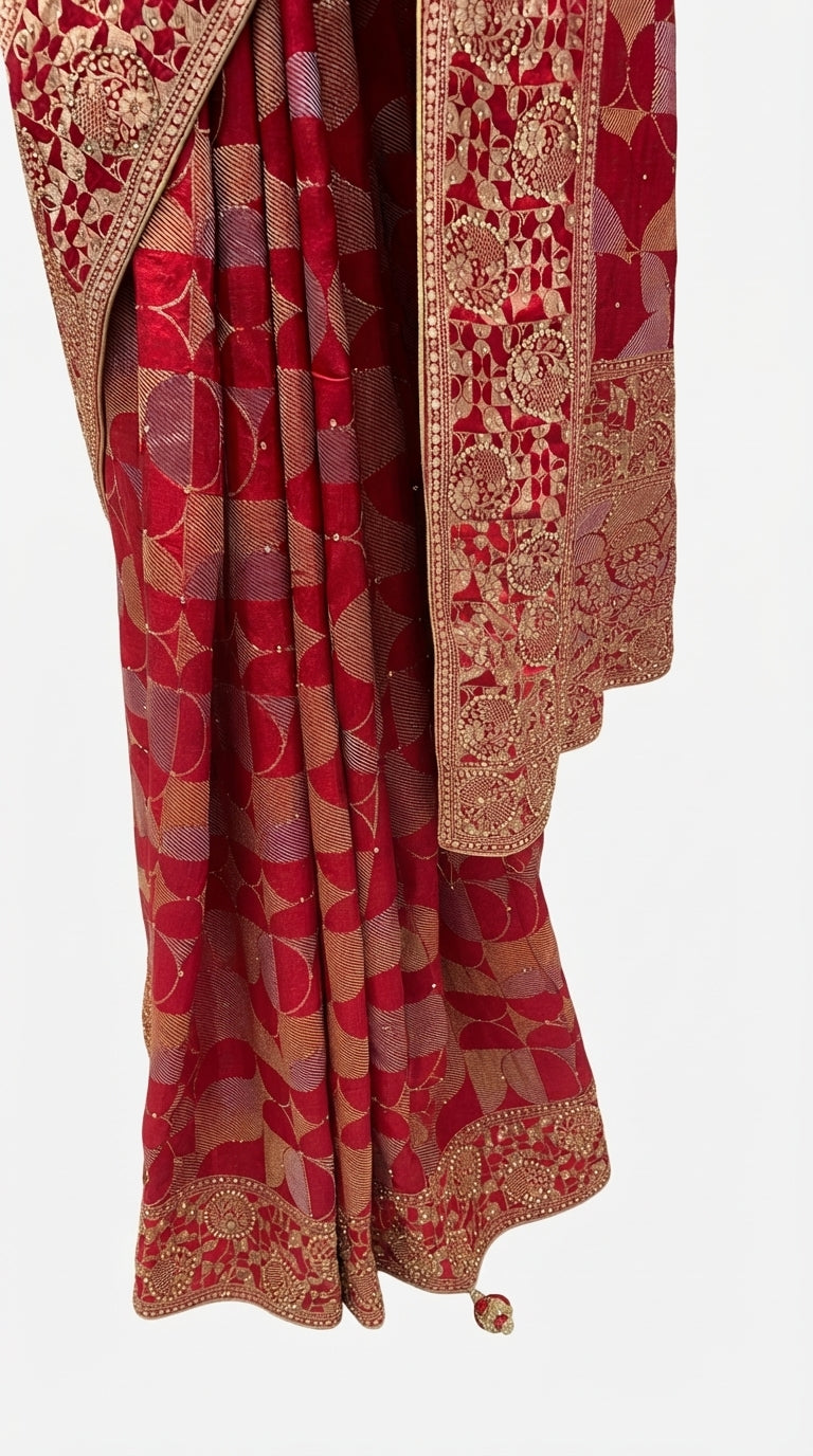 Red Banarasi Silk Unstitched Saree With Gold Stone Work