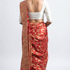 Red Banarasi Silk Unstitched Saree With Gold Stone Work