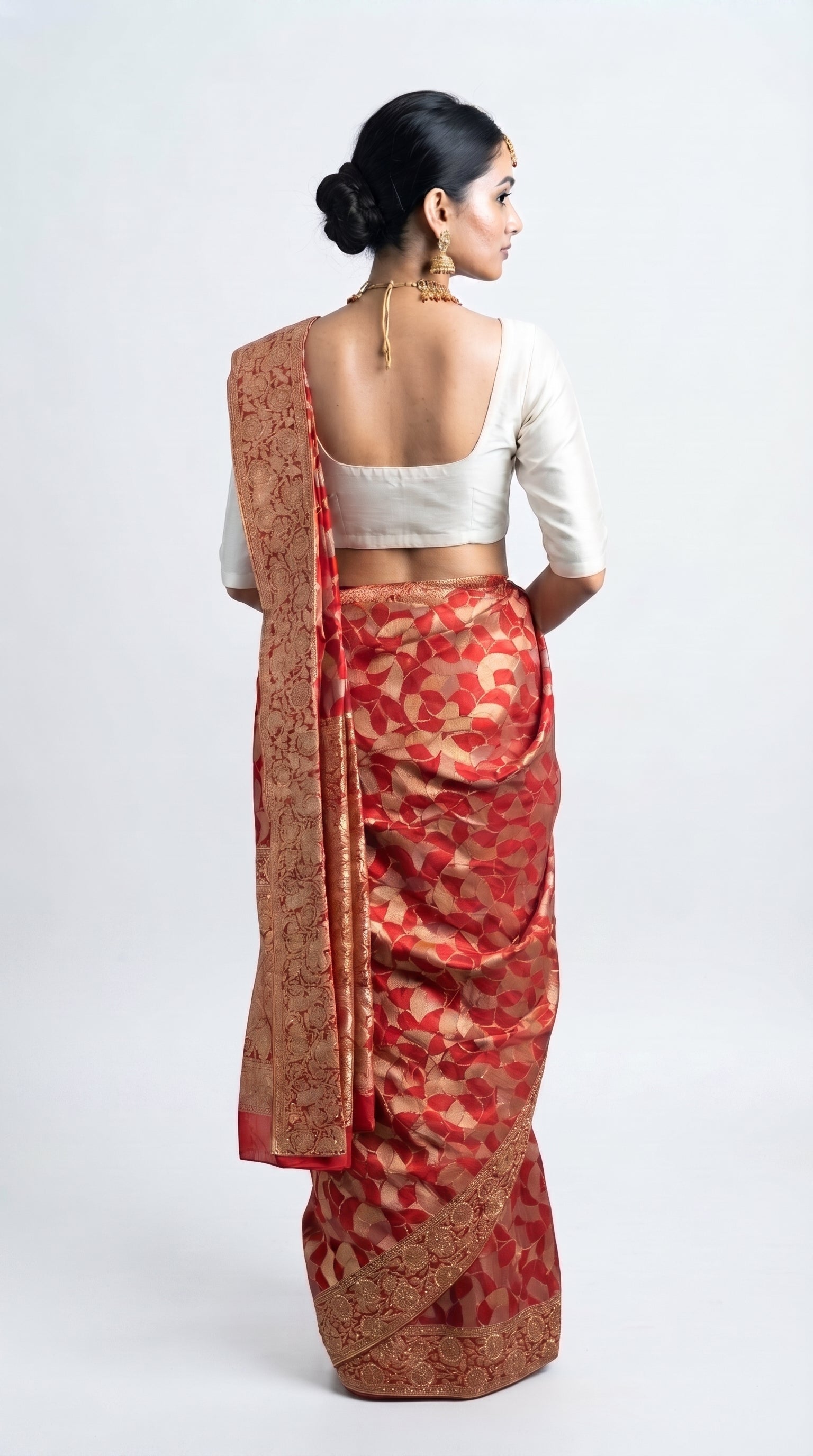 Red Banarasi Silk Unstitched Saree With Gold Stone Work