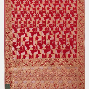 Red Banarasi Silk Unstitched Saree With Gold Stone Work