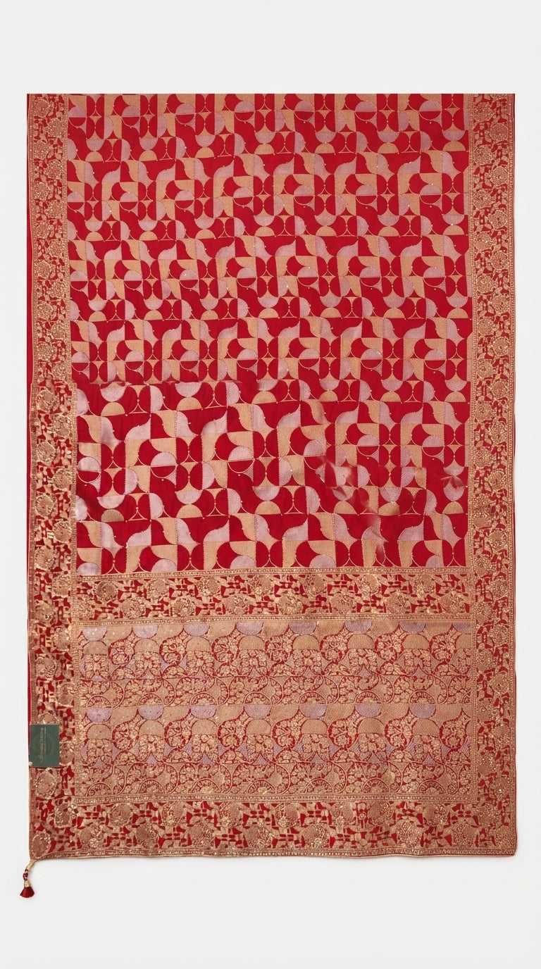 Red Banarasi Silk Unstitched Saree With Gold Stone Work