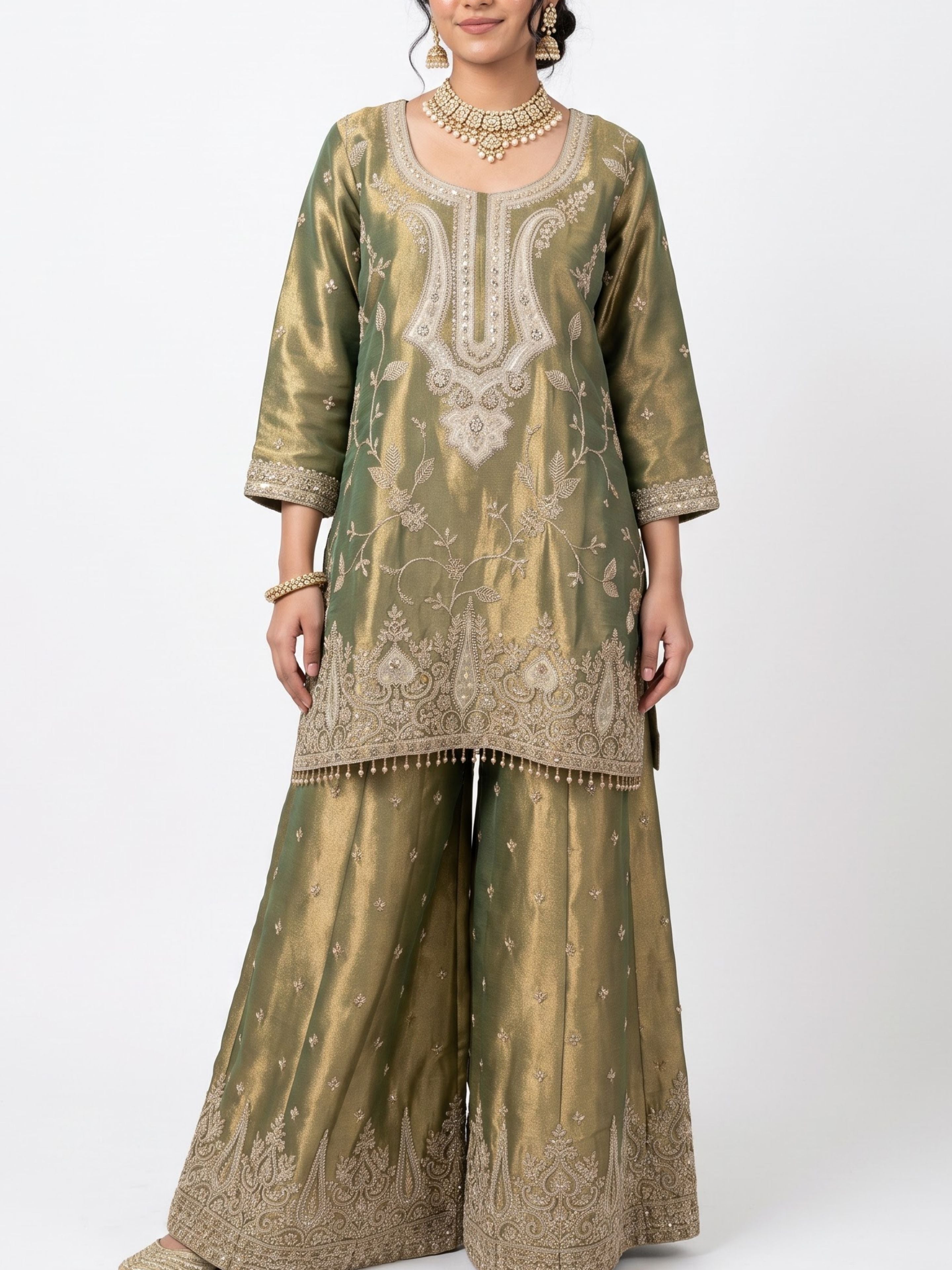 Green Tissue Indo Western with Sequins and Pearl Embroidery 3