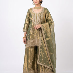 Green Tissue Indo Western with Sequins and Pearl Embroidery 1