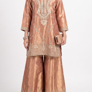 Peach Tissue Indo Western with Sequins and Pearl Embroidery 1