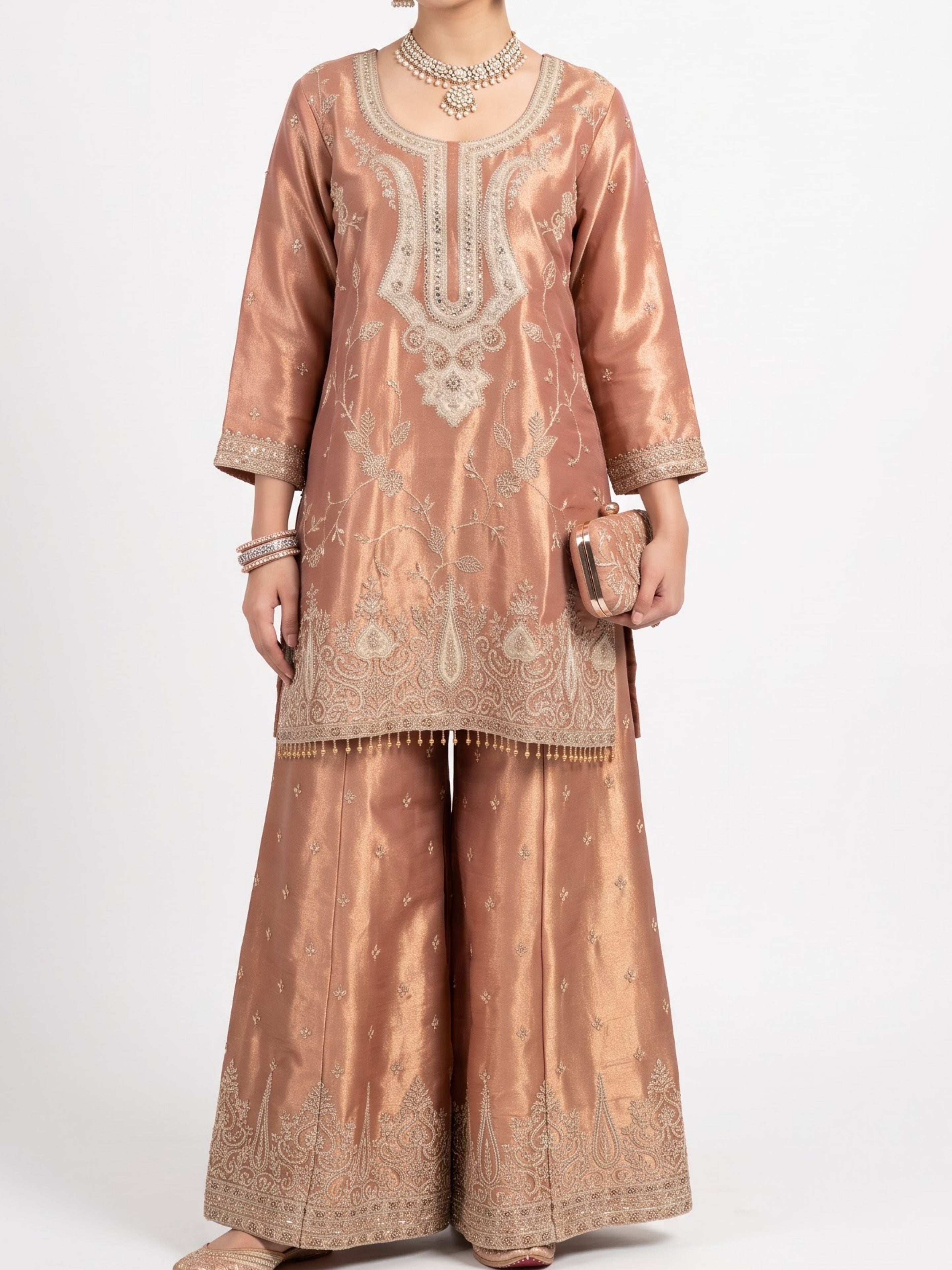 Peach Tissue Indo Western with Sequins and Pearl Embroidery 1