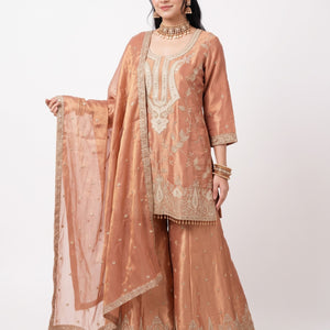 Peach Tissue Indo Western with Sequins and Pearl Embroidery 2