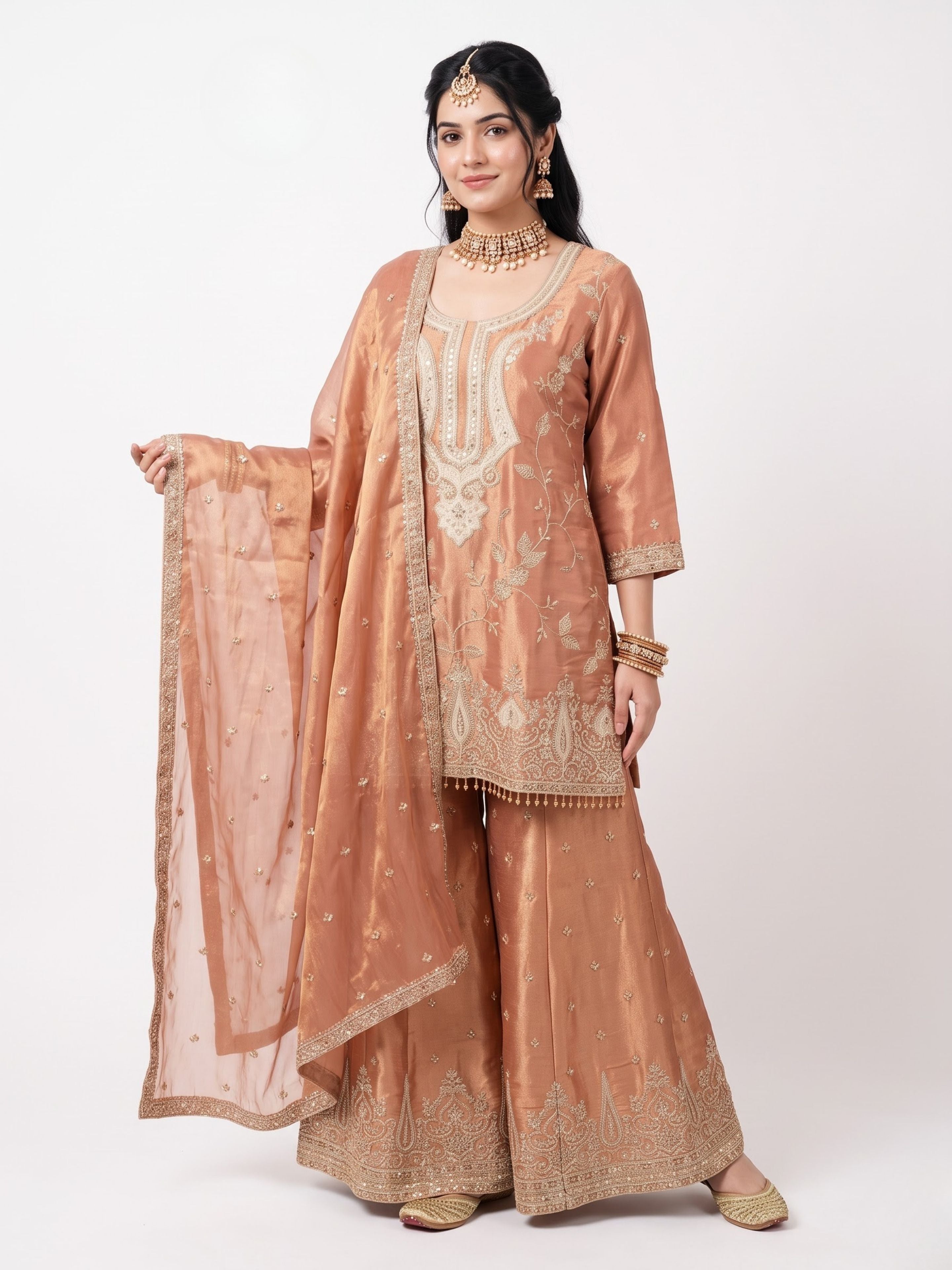 Peach Tissue Indo Western with Sequins and Pearl Embroidery 2