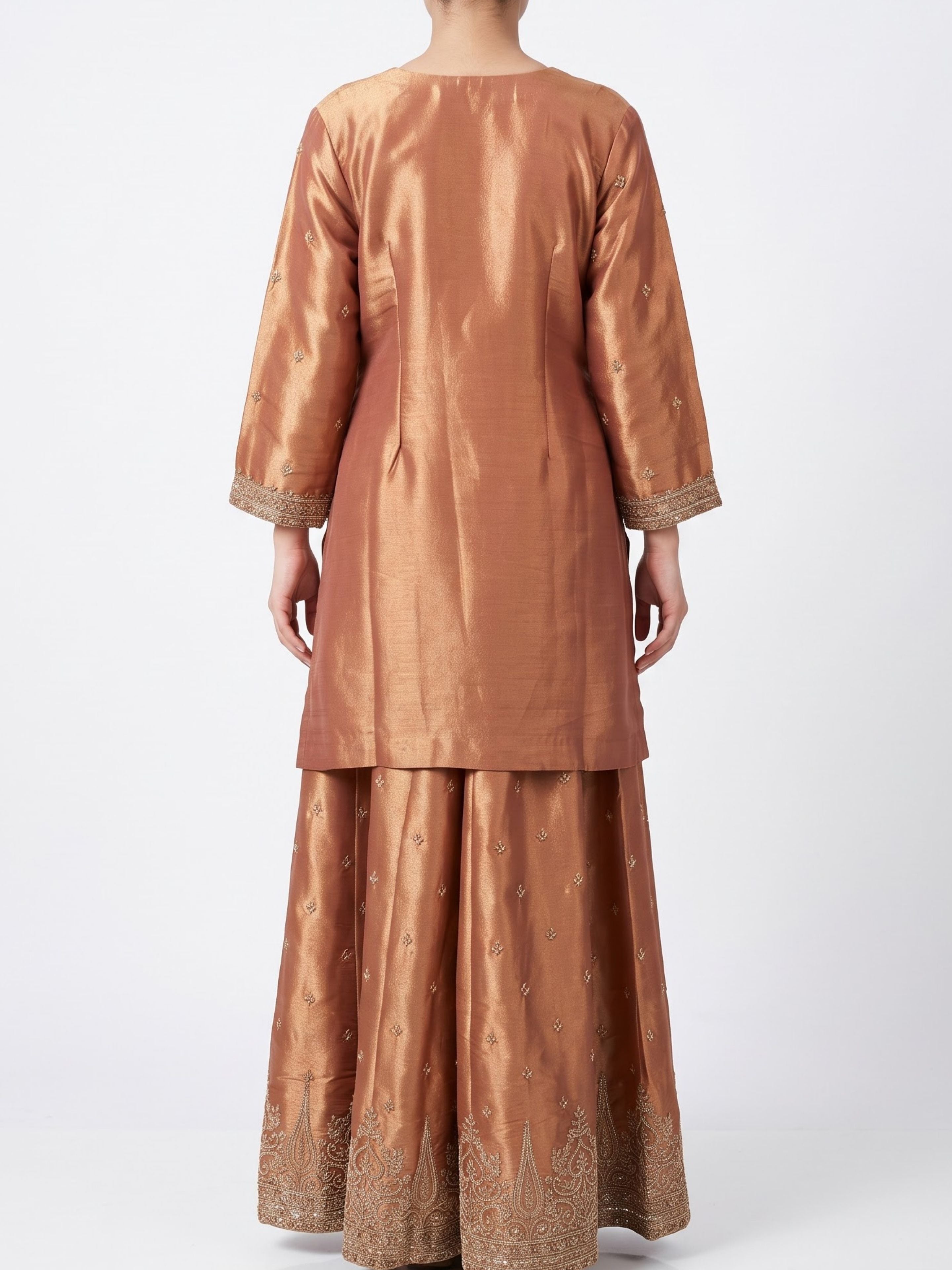 Peach Tissue Indo Western with Sequins and Pearl Embroidery 3
