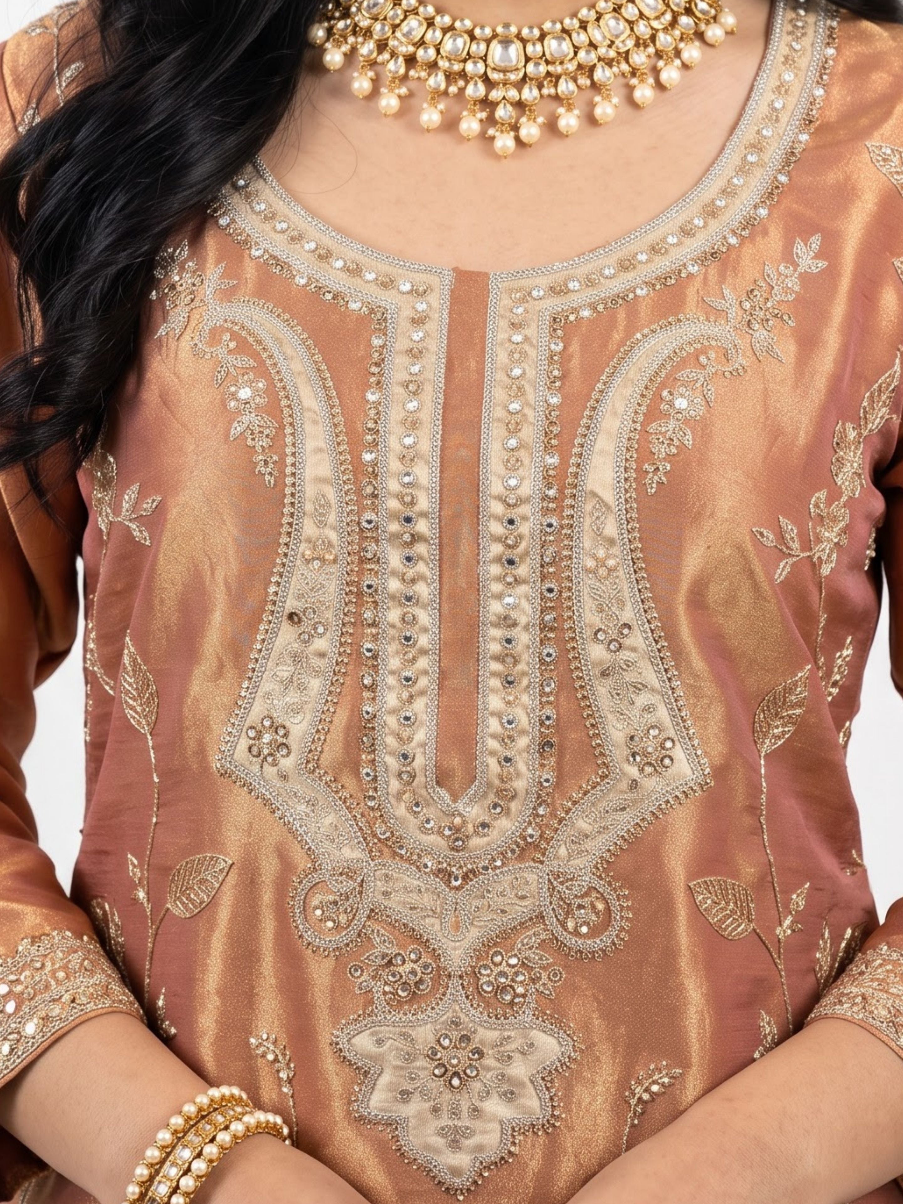 Peach Tissue Indo Western with Sequins and Pearl Embroidery 4