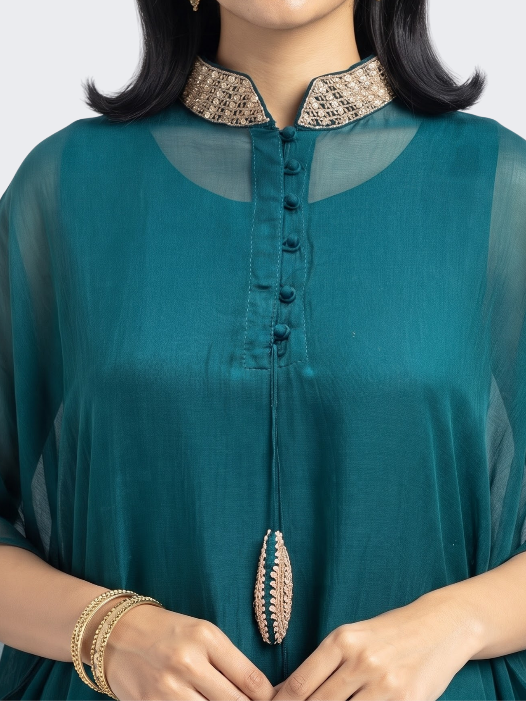 Peacock Green Organza Indo Western with Cutdana and Sequins Embroidery 3
