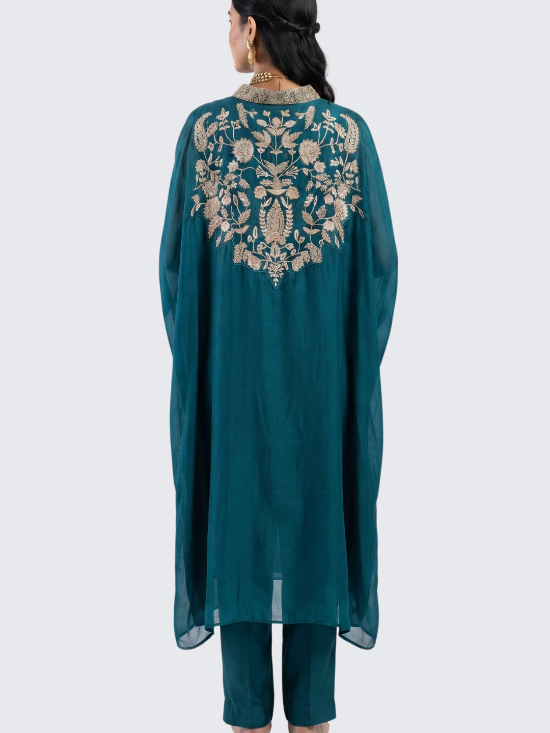 Peacock Green Organza Indo Western with Cutdana and Sequins Embroidery 5