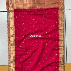 Rani Banarasi Silk Unstitched Saree with Dupatta Embellished with Thread & Stone Work