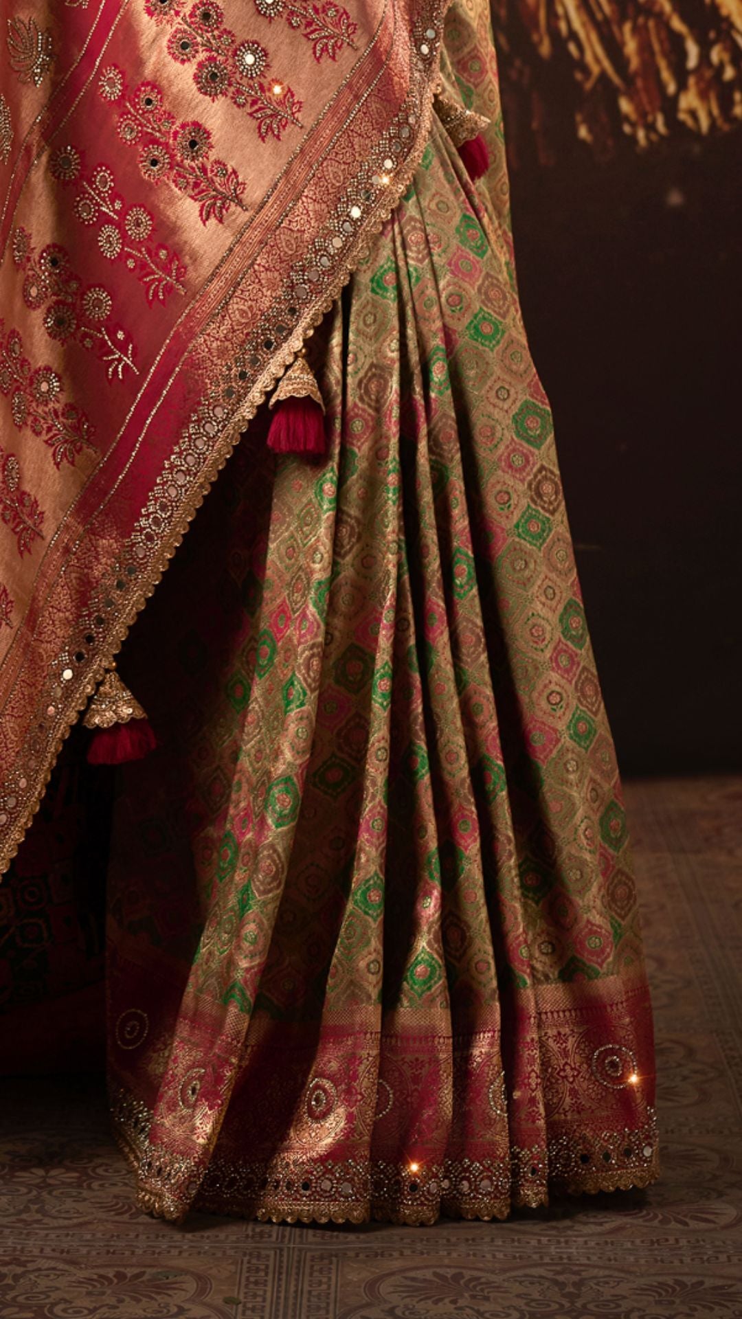Pink and Beige Kanjivaram Silk Saree with Zarkan and Mirror Work