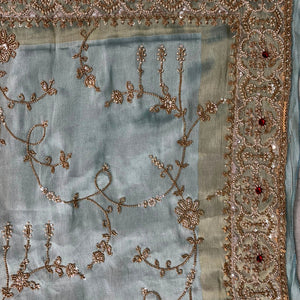 Sky Blue Tissue Unstitched Saree Embellished With Sequins, Cutdana, Moti & Stone Work
