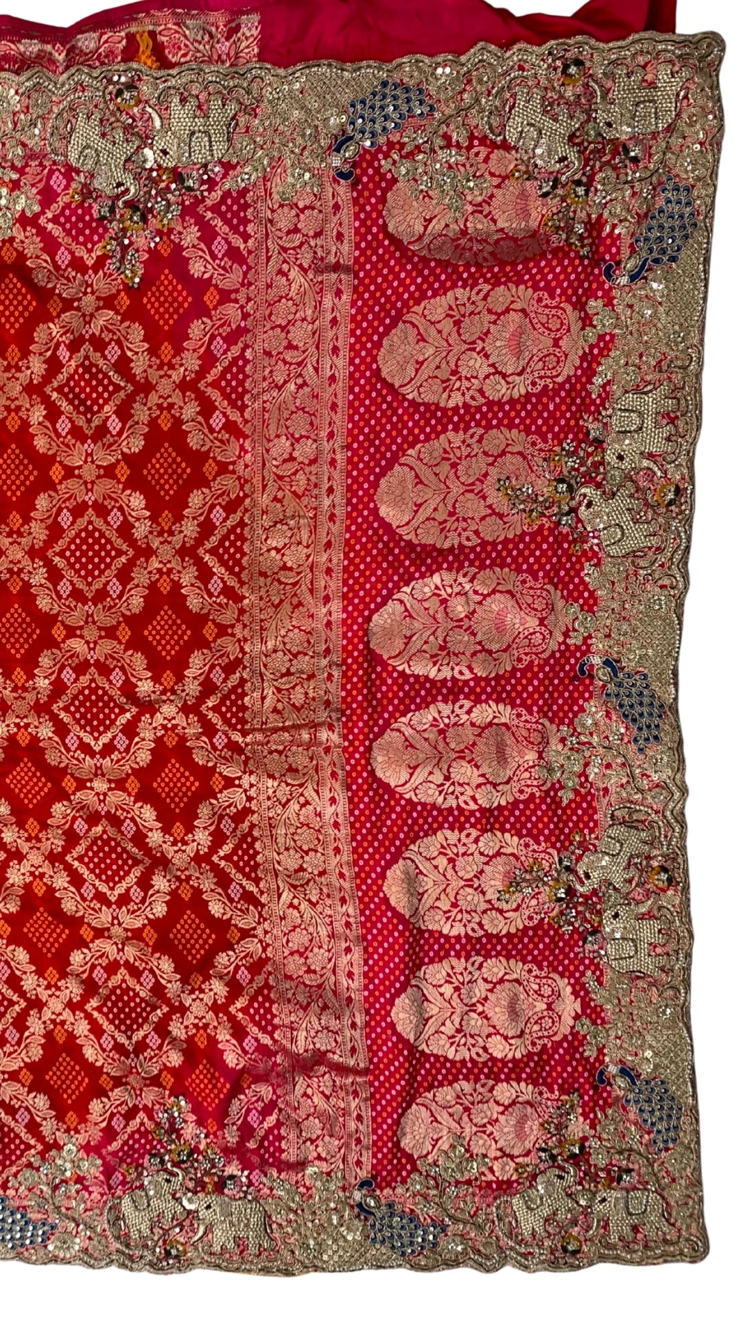 Red Silk Saree Embellished With Sequins, Zari & Cut Dana Work