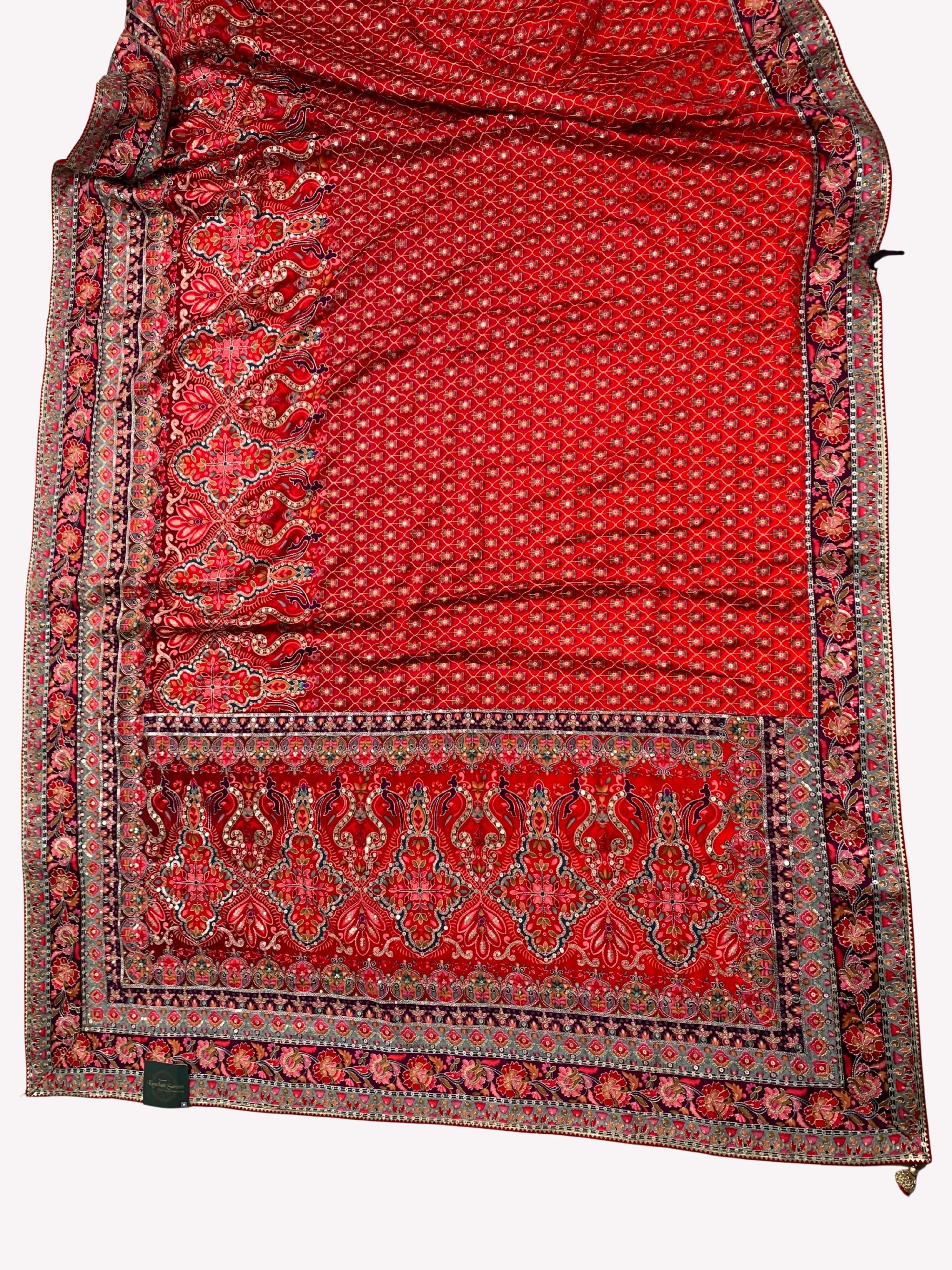 Maroon Digital Printed Silk Ready Made Saree Embellished With Sequins & Zari Work