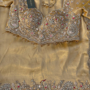 Golden Tissue Saree Embellished With Moti, Zari, Sequins & Cut Dana Work