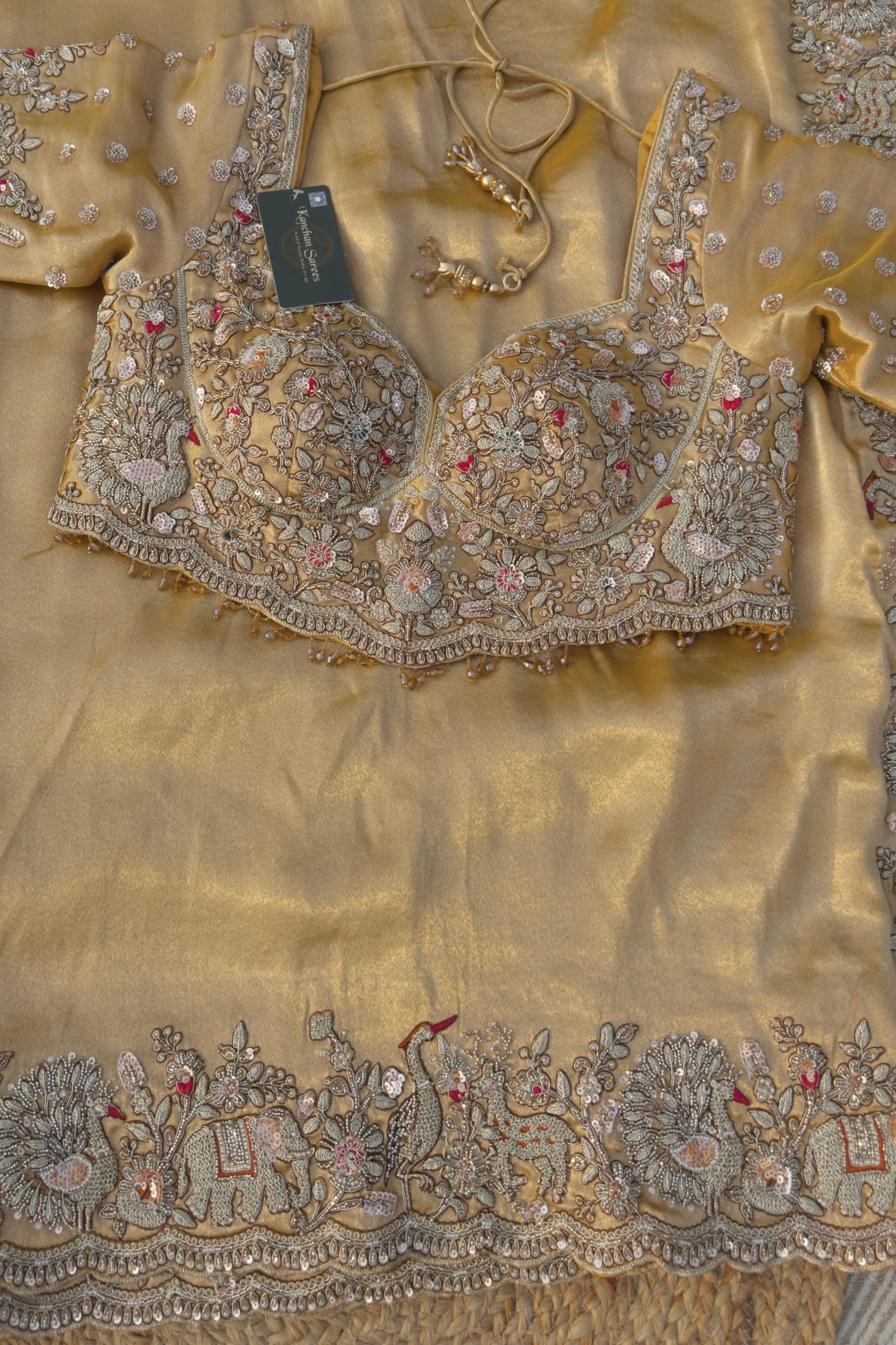 Golden Tissue Saree Embellished With Moti, Zari, Sequins & Cut Dana Work