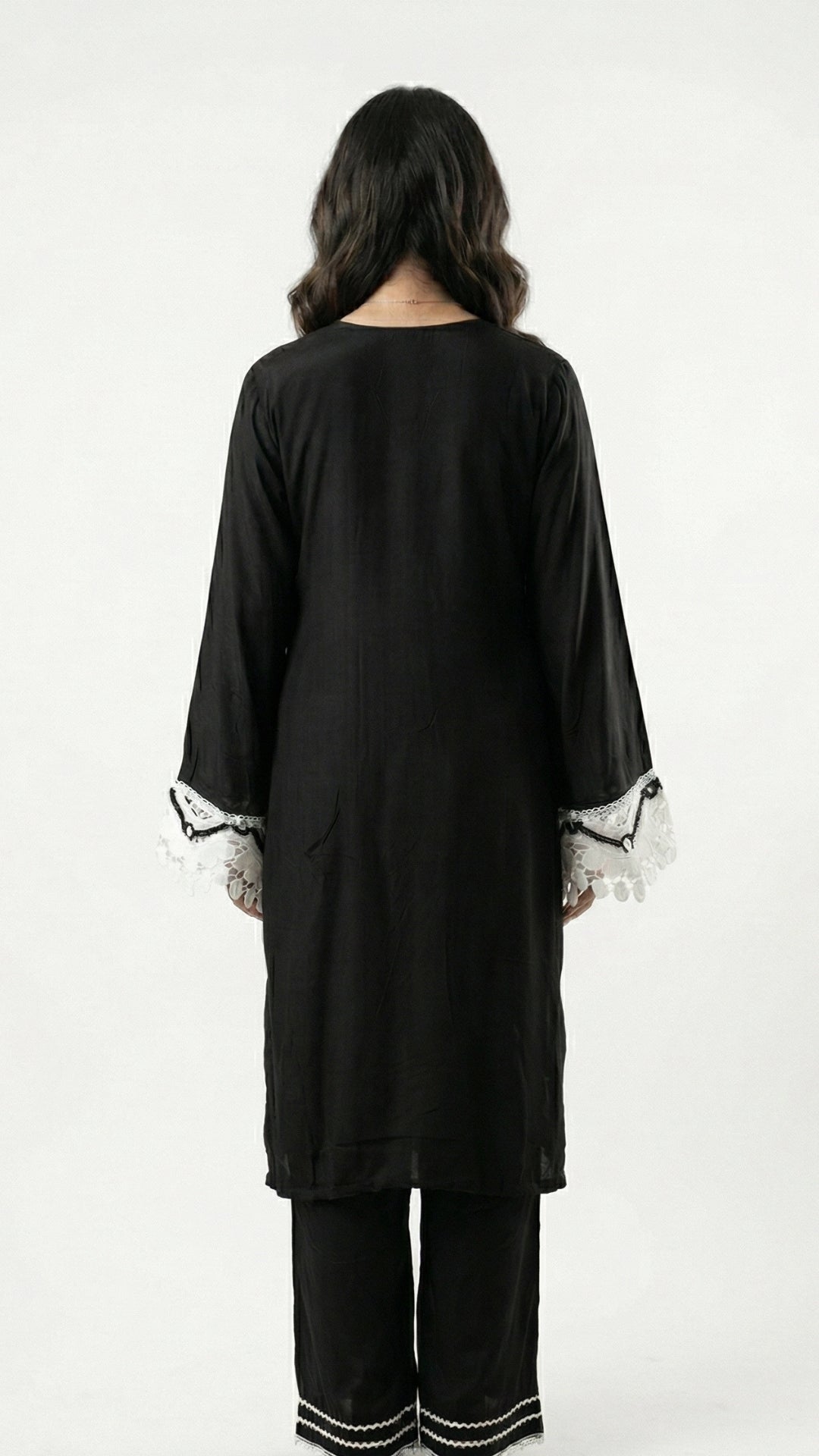Black Muslin Set with Stone & Lace Detailing