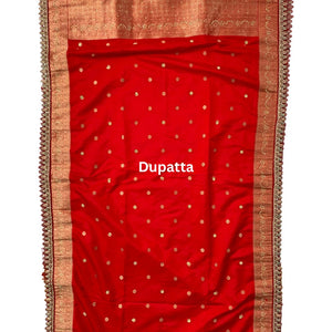 Orange Banarasi Silk Unstitched Saree with Dupatta Embellished with Moti & Zari Work